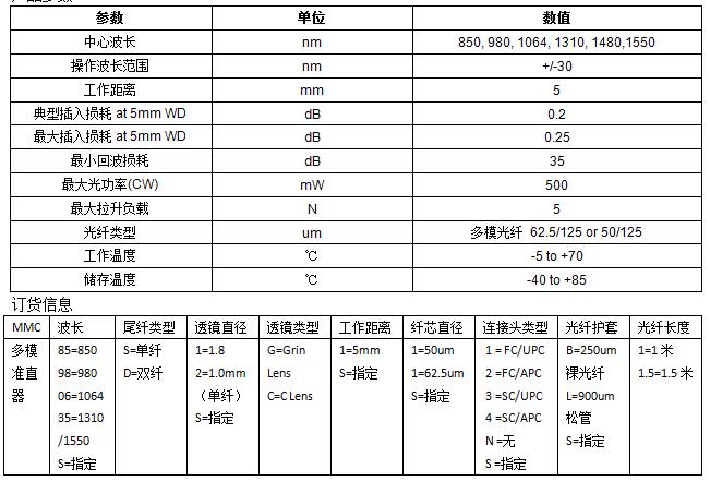 双纤准直器技术参数
